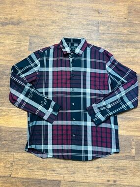 Alfani Men's Burgundy and Black Plaid Button-Down Shirt